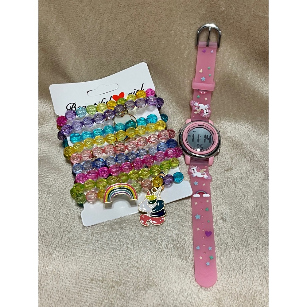 Unicorn Kids Watch & 9-Piece Beaded Bracelet Birthday Gift Set
